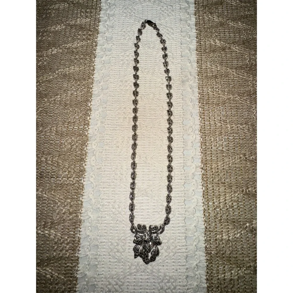 Vintage .925 Sterling Silver Marcasite Flower Pendant Choker 17" Necklace NF - Picture 7 of 10